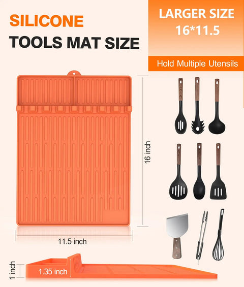 Silicone Grill Mat For Blackstone Griddles With Drip Pad Large Sixteen By Eleven And A Half Inch Tool Organizer Mat Featuring Eight Slots Spatula Holder And Outdoor Kitchen Counter Accessory Dope Gift For Men Bright Orange