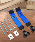 Solid Blue Aluminum T Track Hold Down Clamps For CNC Routers And Drill Presses Durable Slot Fixtures With Strong Grip on wooden surface.