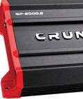 GP2000 2000W 2 Channel Car Amplifier with Beefy Bridged Mono 4 Ohms, close-up view showing label and design details