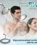 Couple using Dual Shower Head Combo 2-in-1 Water Saving System With 59-Inch Stainless Steel Hose, 1.8 GPM handheld and rainfall spray.