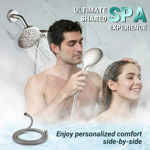 Couple using Dual Shower Head Combo 2-in-1 Water Saving System With 59-Inch Stainless Steel Hose, 1.8 GPM handheld and rainfall spray.