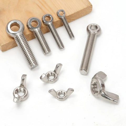 6 Sets M8 x 50mm Lifting Shoulder Eye Bolts With Wing Nuts Kit on wooden base, stainless steel components displayed