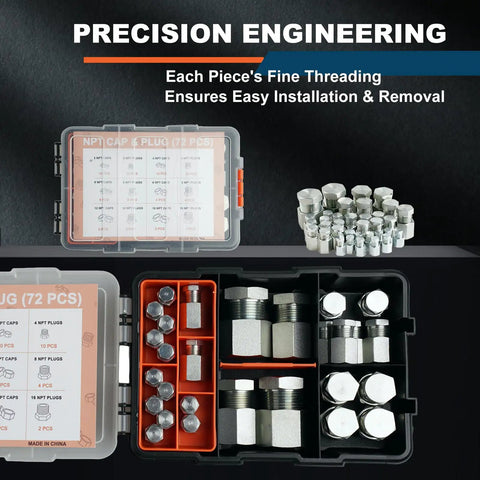 72 Piece Hydraulic Hose Cap And Plug Kit With NPT Threads, Pro Grade Heavy Duty Steel Flare Fittings, Precision Thread Caps And Plugs, Dash Sizes 2 4 6 8 12 16, Complete Seal Adapter Set in organizer case