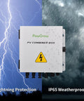 Heavy Duty 4 String PV Combiner Box With A Straight Up 15A Setup and Rock Solid Metal Housing for Reliable On Off Grid Solar Arrays Offering Top Shelf Lightning Protection with lightning and rain background.