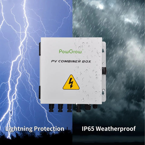 Heavy Duty 4 String PV Combiner Box With A Straight Up 15A Setup and Rock Solid Metal Housing for Reliable On Off Grid Solar Arrays Offering Top Shelf Lightning Protection with lightning and rain background.