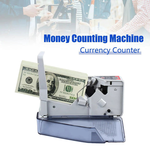 Portable Money Counter Machine With LED Display Counts 600 Bills Per Minute 100 To 240V shown with currency notes.