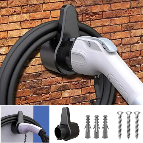 Heavy Duty EV Charger Wall Mount Holder For SAE J1772 Electric Vehicle Nozzle mounted on a brick wall with charging cable.