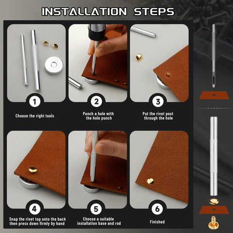 Installation steps for 540 Piece Leather Rivet Kit With Three Sizes Double Cap Rivets And Leather Rivet Setting Tools