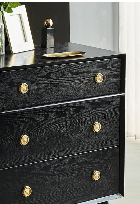 Gold Round European Style Drawer Pulls with Smooth Grip on Black Dresser, Brass Cabinet Ring Knobs Set for Furniture Upgrade