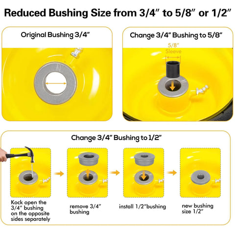 Diagram showing bushing size adjustment in 2 Pack Front Tire And Wheel Assembly For Riding Mowers 15x6.00-6 with adapter kit