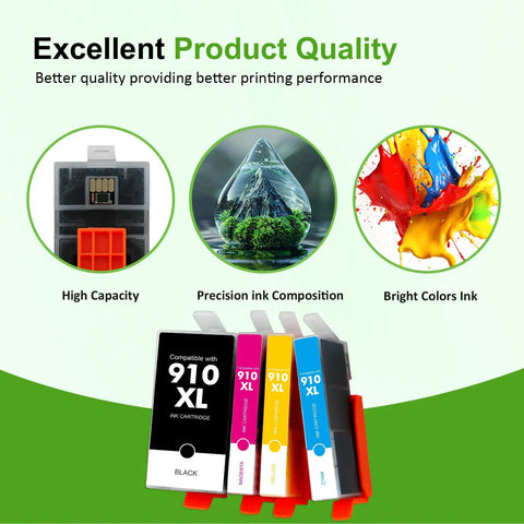 910XL Ink Cartridges Black And Color Combo Pack For OfficeJet Pro 8010 8015 8020 8025 8028 8030 8034 8035 And OfficeJet 8010e 8015e 8022e 8024e 8028e Four Pack High Yield Reliable Print Quality For Everyday Home And Office Use shown in packaging display