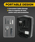 Heavy Duty Portable Air Compressor For Daily Drivers With Crisp Digital Pressure Gauge And Auto Shutoff Plus Bright Emergency Led Light Plug And Play Car Tire Pump No Sweat Fast Inflate Kit, showcasing organized cables and accessories.
