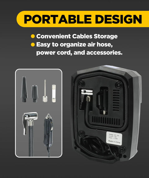 Heavy Duty Portable Air Compressor For Daily Drivers With Crisp Digital Pressure Gauge And Auto Shutoff Plus Bright Emergency Led Light Plug And Play Car Tire Pump No Sweat Fast Inflate Kit, showcasing organized cables and accessories.