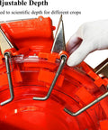 Adjustable depth feature of Portable Manual Garden Seeder With Dual Seed And Fertilizer Buckets with metal spikes and orange casing.