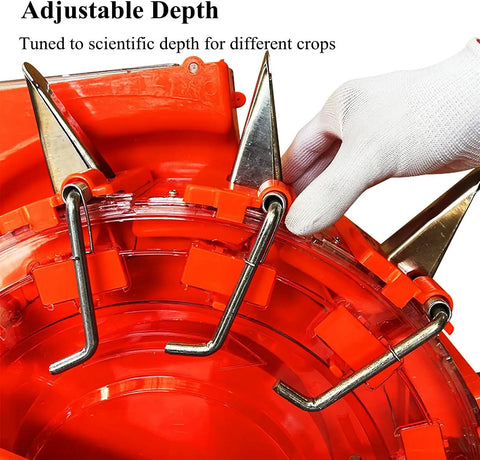 Adjustable depth feature of Portable Manual Garden Seeder With Dual Seed And Fertilizer Buckets with metal spikes and orange casing.
