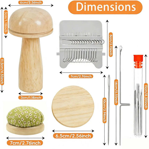 Complete Darning Kit With 14 Hook Mini Loom For Beginners Mushroom Patch Maker For Jeans And Socks, showing dimensions of tools