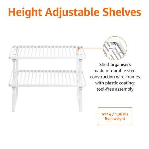 Stackable Metal Wire Racks For Kitchen Cabinets And Pantries Beat The Kitchen Chaos Easy Storage Solutions Heavy Duty Steel Organizer Shelves Set Of Two Straight Up Durable Countertop Setup White Finish. Height adjustable shelving unit with durable steel frame.