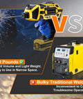 Side-by-side comparison of Hella Portable Handheld Welder 110V 120A Mini Arc Inverter Machine and traditional bulky welder.