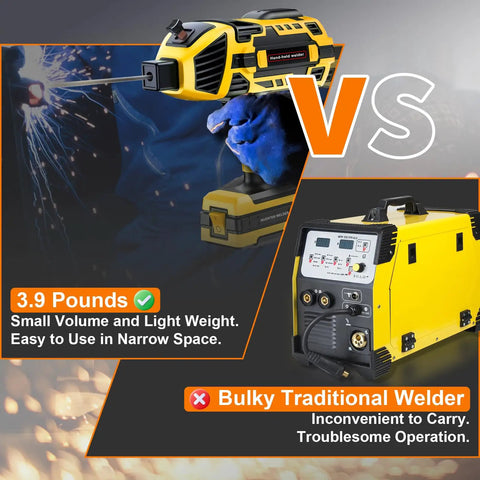 Side-by-side comparison of Hella Portable Handheld Welder 110V 120A Mini Arc Inverter Machine and traditional bulky welder.