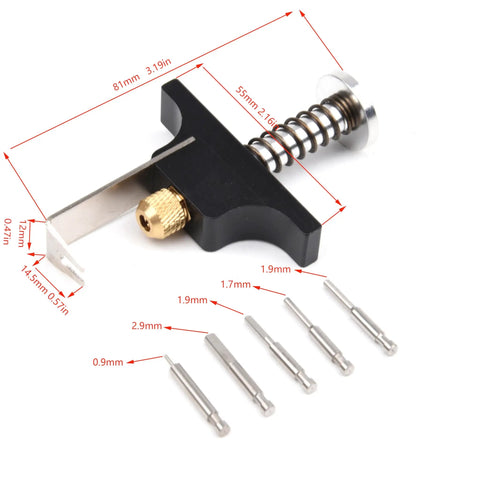 RC Propeller Puller Pro Grade CNC Aluminum Blade Remover Tool For FPV Drones And Helicopters BetaFPV Air65 Air75 D16 D20 Includes Five Ejector Pins For 2.9mm 1.9mm 1.7mm 0.9mm Sizes Easy Upgrade For Quick Safe Prop Removal shown with 5 ejector pins