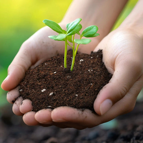 Hands holding soil with seedlings, showcasing Ready To Grow Seed Starter Soil Mix 1 Qt For Germination And Early Growth Loamy Well Drained Compost Blend Ideal For Veggies, Flowers And Houseplants Now.