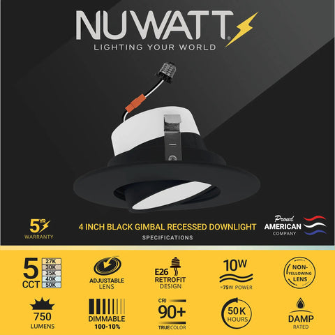 4 Inch Gimbal LED Recessed Can Lights in Black Finish 5 CCT Tunable White 2700K to 5000K 750 Lumens 10W Dimmable 90 CRI