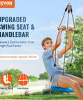 Kid using 52 Ft Backyard Zipline Kit For Kids And Adults Up To 330 Lb With Quick Setup Swing Seat Handlebar Nylon Safety Harness