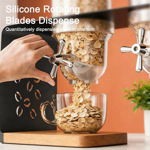 Triple Head Countertop Cereal Dispenser Delivering Hella Spacious 12 Liter Storage For Nuts Candy And Grains Built With A Rock Solid Steel Lid And Wooden Base Showing Silicone rotating blades dispensing grains into a glass bowl.