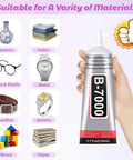 Clear Rhinestone Glue With Precision Tip 110 ML Quick Dry Multipurpose Adhesive being used for various materials like fabric and glass.