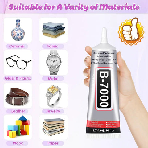 Clear Rhinestone Glue With Precision Tip 110 ML Quick Dry Multipurpose Adhesive being used for various materials like fabric and glass.