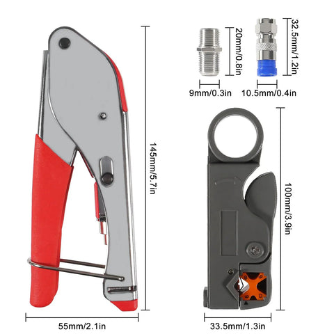 Coax Cable Crimping Tool Kit With Stripper And Universal Compression Tool Includes 5 RG6 F Type Connectors, dimensions shown