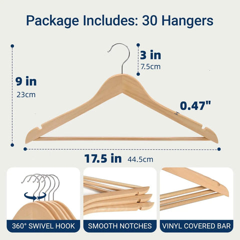 Straight Up Premium Quality Natural Wooden Coat Hangers Thirty Pack Flat Profile Wood Suit Hangers dimensions 17.5x9x0.47 inches shown