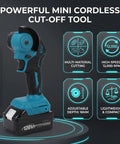 Badass Little Cordless Cut Off Tool And Mini Angle Grinder With 12000 Rpm Grunt And 16Mm Chop Depth For Snappy Cutting Wood Metal Tile Plus Plastic On Tough Weekend Builds, blue and black design with adjustable depth.