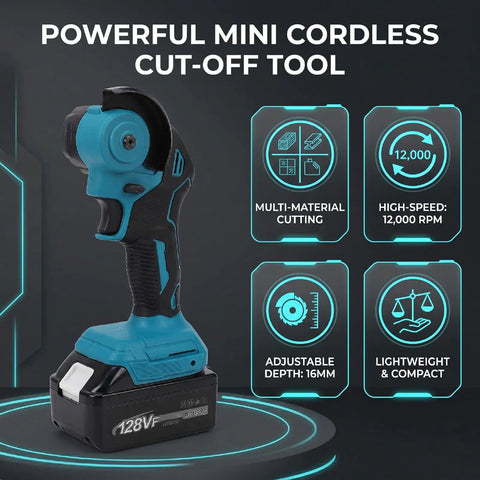 Badass Little Cordless Cut Off Tool And Mini Angle Grinder With 12000 Rpm Grunt And 16Mm Chop Depth For Snappy Cutting Wood Metal Tile Plus Plastic On Tough Weekend Builds, blue and black design with adjustable depth.