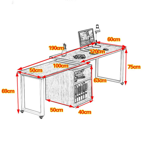 Polymorphic Computer Desk With Transformable Dual Workstation, Lacquered Steel Frame Legs, Easy Peasy Foldable Office Table, Built In Storage Shelves, Straight Up Game Changing Hustle Station, Sleek Black Finish dimensions illustration with measurements.