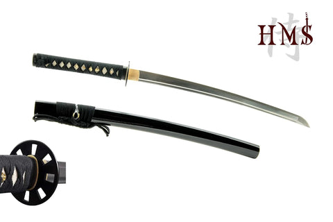 Unsharpened Stainless Steel Wakizashi Iaito For Iaido Practice, 21 Inch Blade With Bo Hi Fuller, black saya and rayskin handle