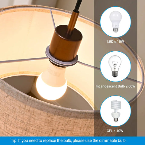 Close-up of bulb fitting in Bronze Arched Floor Lamp With Hanging Lampshade, showing LED bulb compatibility.