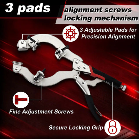 Locking Welding Pipe Pliers Clamp, 13 Inch Heavy Duty C Clamp with 3 pads and adjustment screws on red background