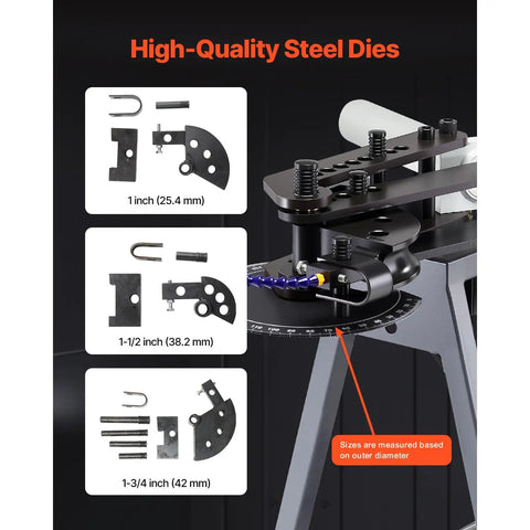 Commercial Grade Portable Electric Pipe Bender Powered By A Snappy 750W Motor And Three Heavy Duty Dies showing high-quality steel dies in various sizes.