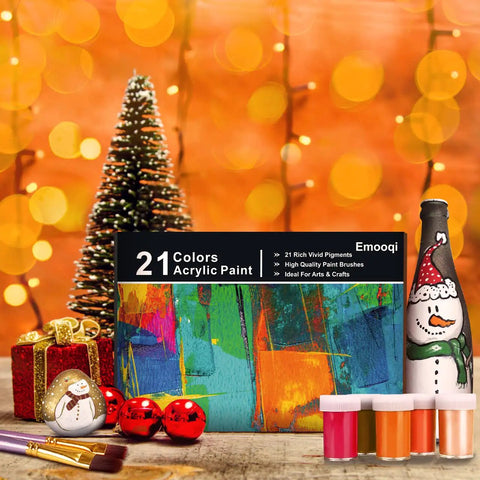 Top Notch Acrylic Paint Set With 31 Rich Colors And 10 Brushes, holiday-themed setup with snowman and gifts