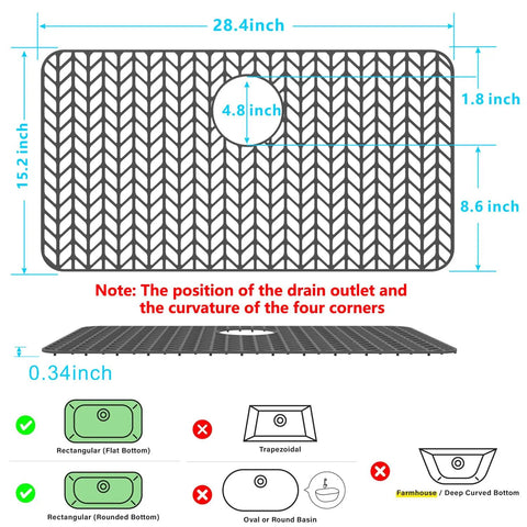 Dimensions and shape compatibility of Silicone Sink Protector Mat For Kitchen Sinks 12 To 30 Inch Non Slip Raised Feet Gray.
