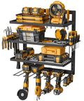 Heavy Duty Power Tool Organizer Wall Mount With Four Layer Storage Rack And Drill Holders Cordless Tool Shelf For Garage Workshop Metal Wall Mount Shelving Unit Pegboard Compatible With Side Screwdriver And Pliers Slots loaded with various tools.