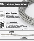 Fifty Feet Of One Sixteenth Inch Vinyl Coated Stainless Steel Wire Rope Kit details with 7x7 strands structure, 304 SS material.