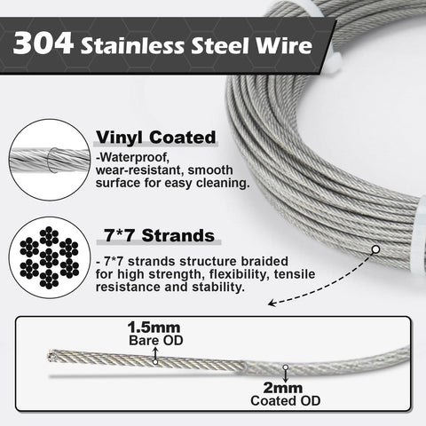 Fifty Feet Of One Sixteenth Inch Vinyl Coated Stainless Steel Wire Rope Kit details with 7x7 strands structure, 304 SS material.
