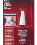 Loctite Threadlocker 242 medium strength 36 ml bottle for automotive use, clear packaging, prevents nuts and bolts from loosening.