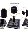 Diagram of Beefed Up 30Lb Patio Market Umbrella Base With Cast Iron Tube Holder, showing features: pole, screw, washer, and base.