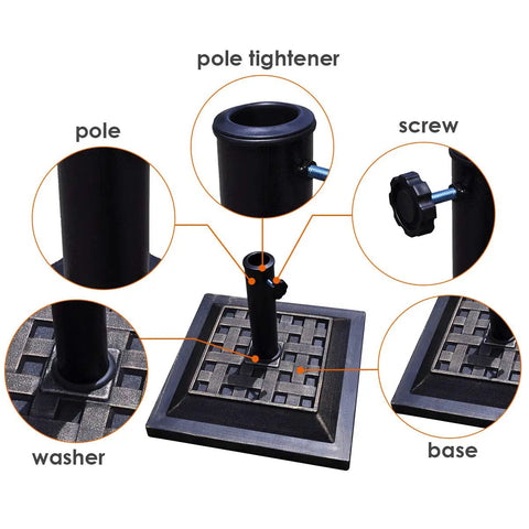 Diagram of Beefed Up 30Lb Patio Market Umbrella Base With Cast Iron Tube Holder, showing features: pole, screw, washer, and base.