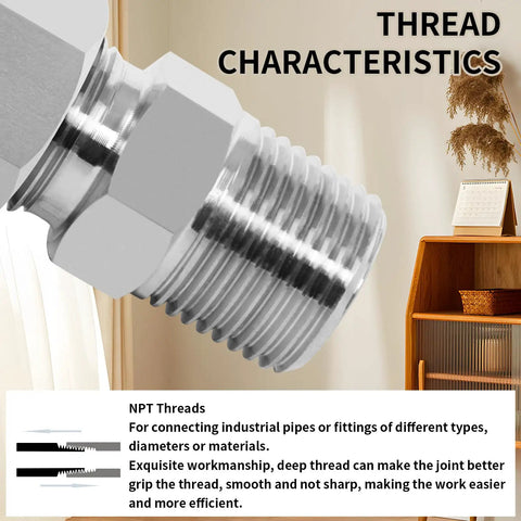 Close-up of 304 Stainless Steel Compression Tube Fitting One Quarter Inch Outer Diameter To One Quarter Inch NPT Male Union Connector
