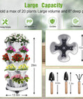 Vertical Strawberry Planter With 5 Tier Stackable Tower For Herbs Vegetables And Flowers Space Saving Outdoor Garden Planter Pot With Drainage System And Handy Tools Mover, showing dimensions and tools