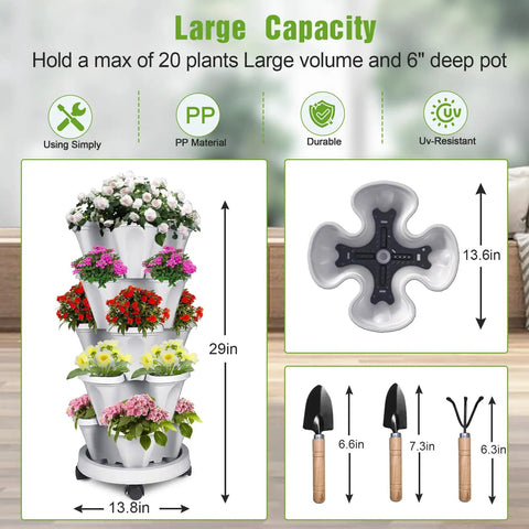 Vertical Strawberry Planter With 5 Tier Stackable Tower For Herbs Vegetables And Flowers Space Saving Outdoor Garden Planter Pot With Drainage System And Handy Tools Mover, showing dimensions and tools